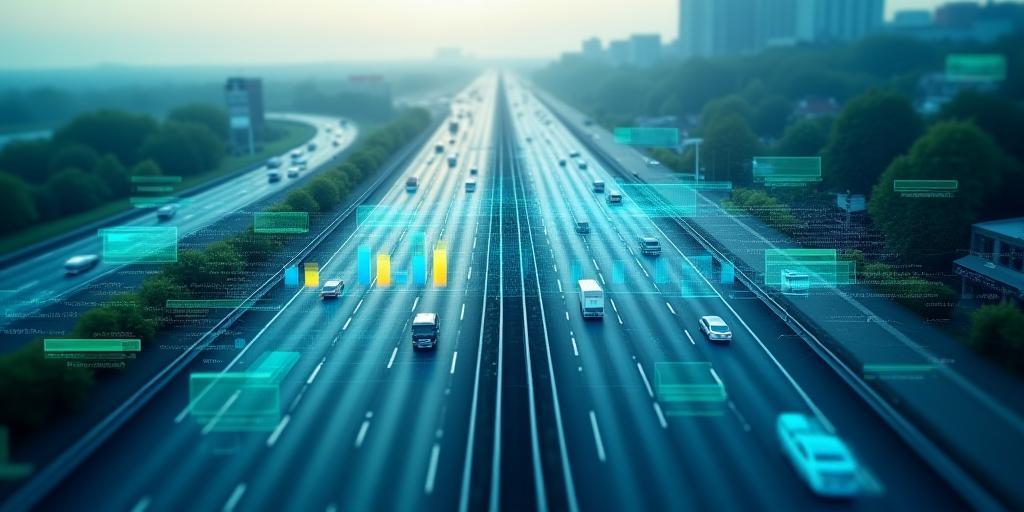Aerial view of highway with analytical overlays